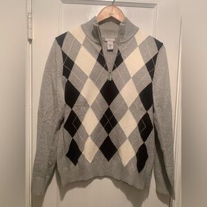 Izod Golf Gray and Black Argyle 1/4 Zip-Up Preppy Sweater 100% Cotton Like New L